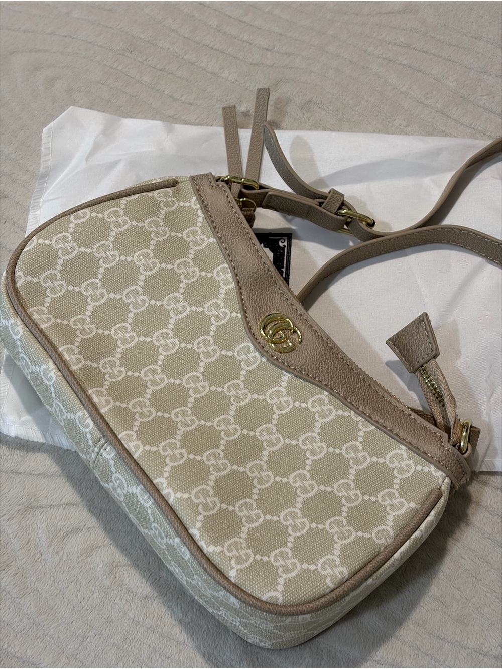 Gucci Beige GG Supreme Crossbody with Taupe Leather Trim